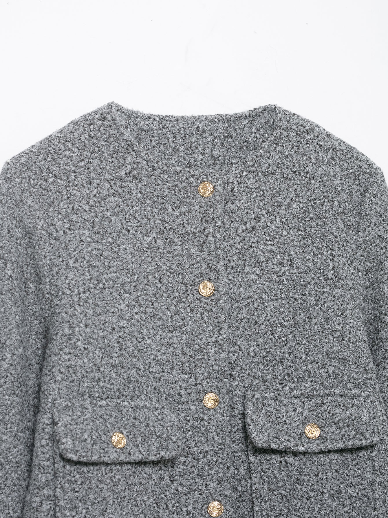 Gray tweed cardigan with gold buttons in Langry fashion woolen coat