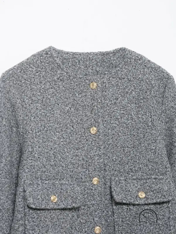Gray tweed cardigan in Langry fashion woolen coat with gold buttons