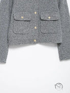 Gray tweed woolen jacket with gold buttons for autumn winter fashion
