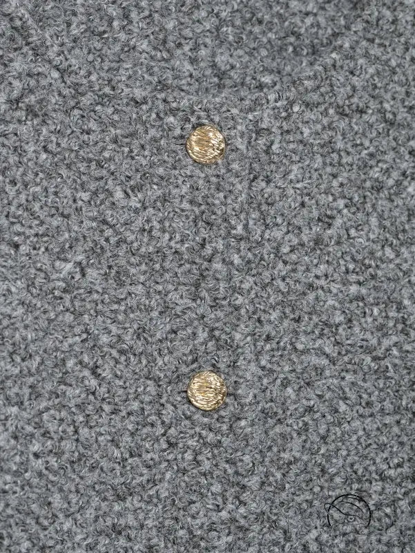 Gray woolen coat with leather accents, gold buttons, langry fashion ملابس