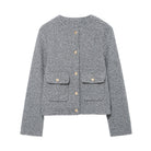 Gray tweed cropped Langry fashion jacket with woolen button closure and patch pockets