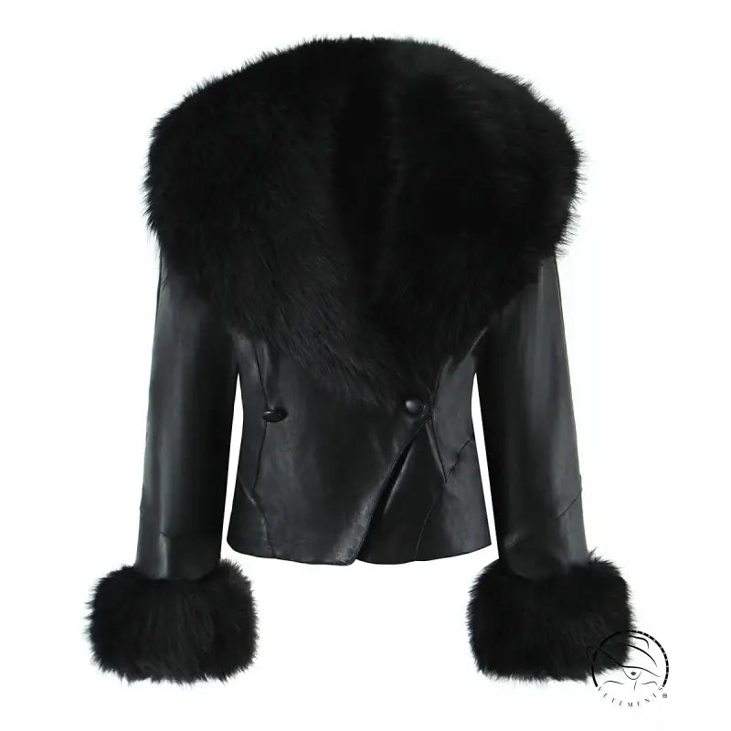 Langry fashion black leather fur-trimmed winter jacket with double-breasted buttons