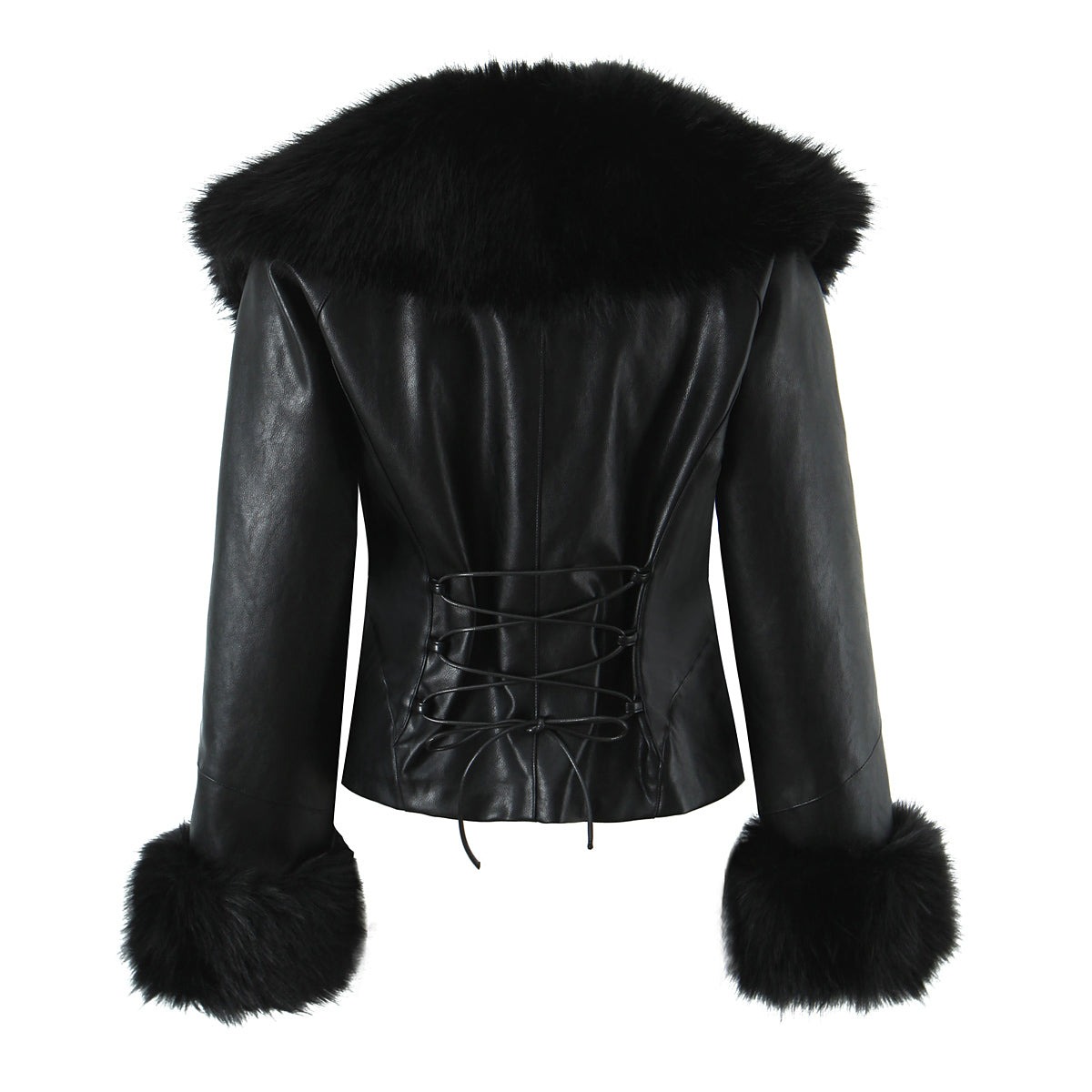 Langry fashion black faux fur trim leather jacket with lace-up back