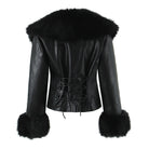 Langry fashion black faux fur trim leather jacket with lace-up back