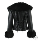 Langry fashion black faux fur trim leather jacket with lace-up back