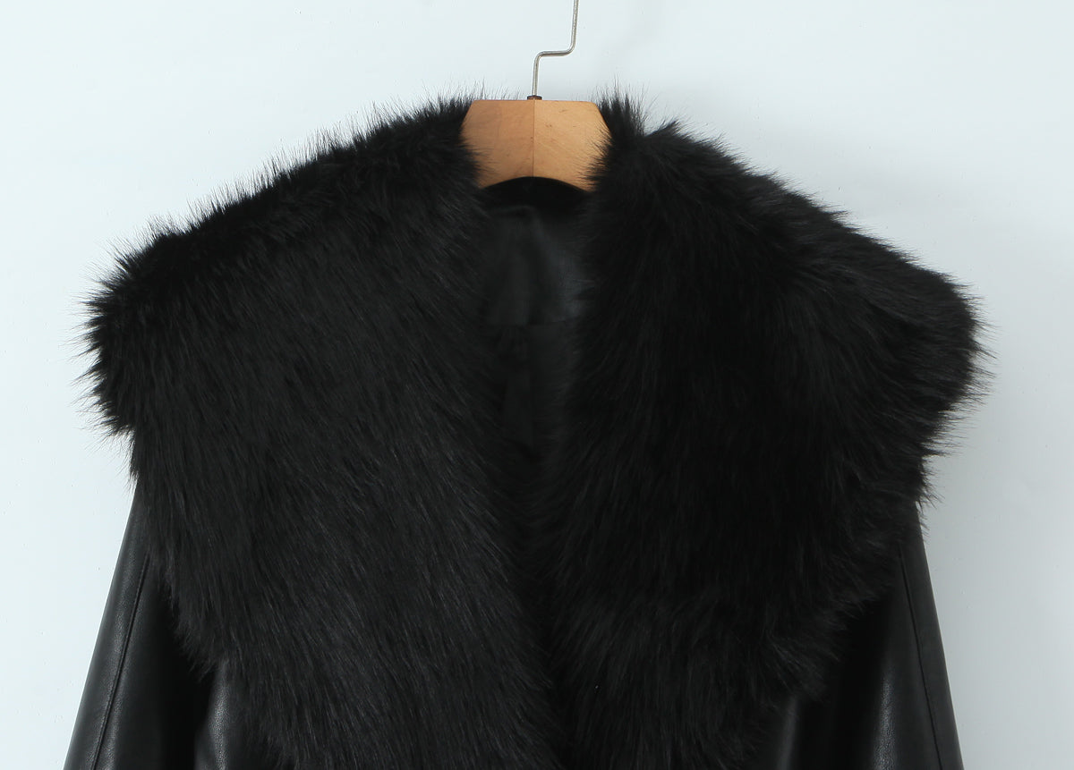 Langry black leather fur-trimmed winter jacket on wooden hanger
