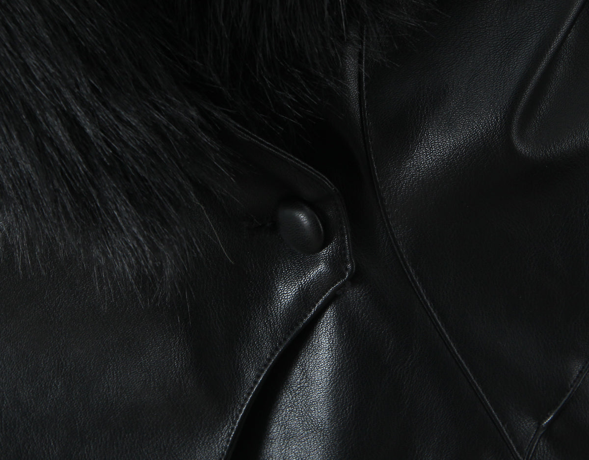 Langry fashion black leather winter jacket with fur collar and buttons