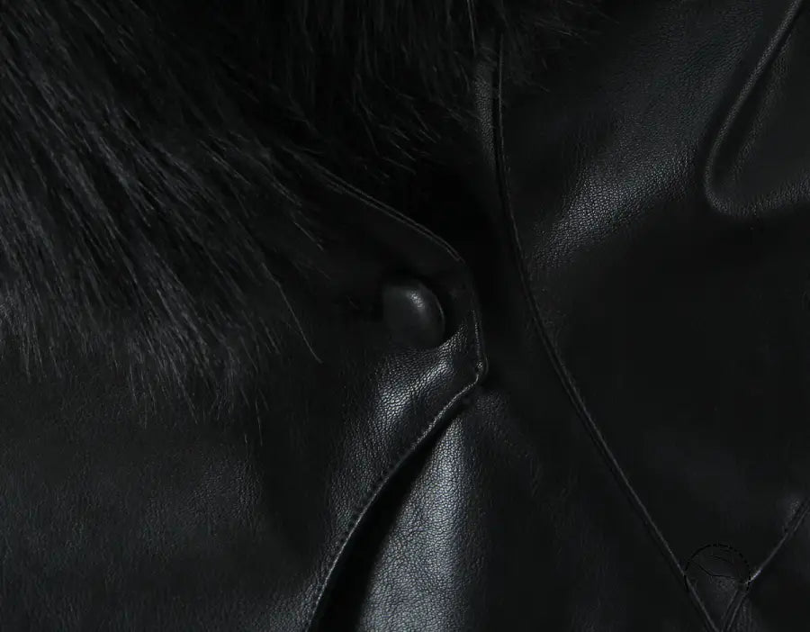 Langry fashion winter big fur short jacket leather coat with black leather, fur collar, and button detail