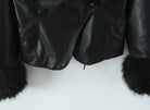 Langry fashion black leather fur-trimmed jacket with shiny zipper