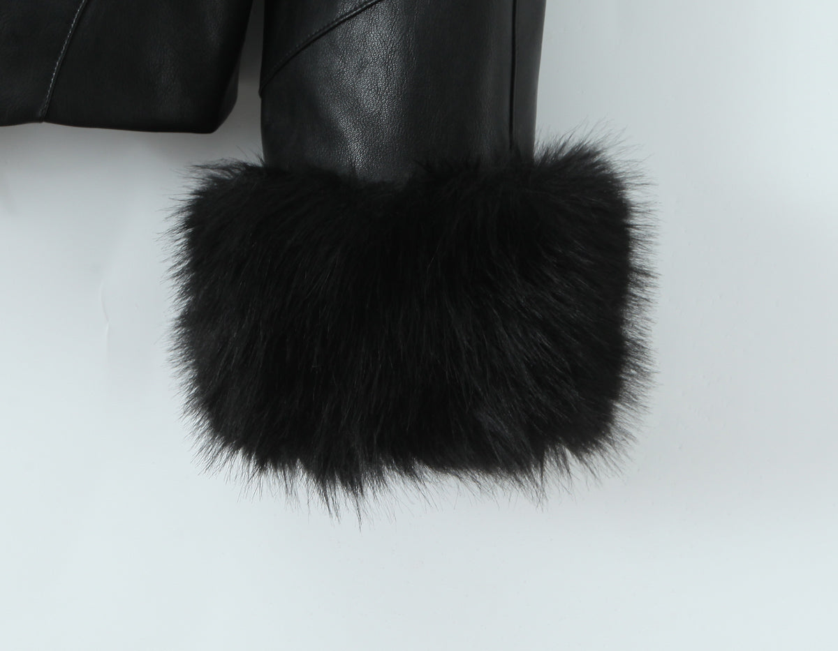 Langry fashion black fur boot topper with leather strap buckle on winter jacket