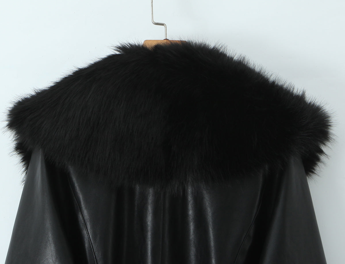 Luxurious langry black leather fur-trimmed winter fashion coat