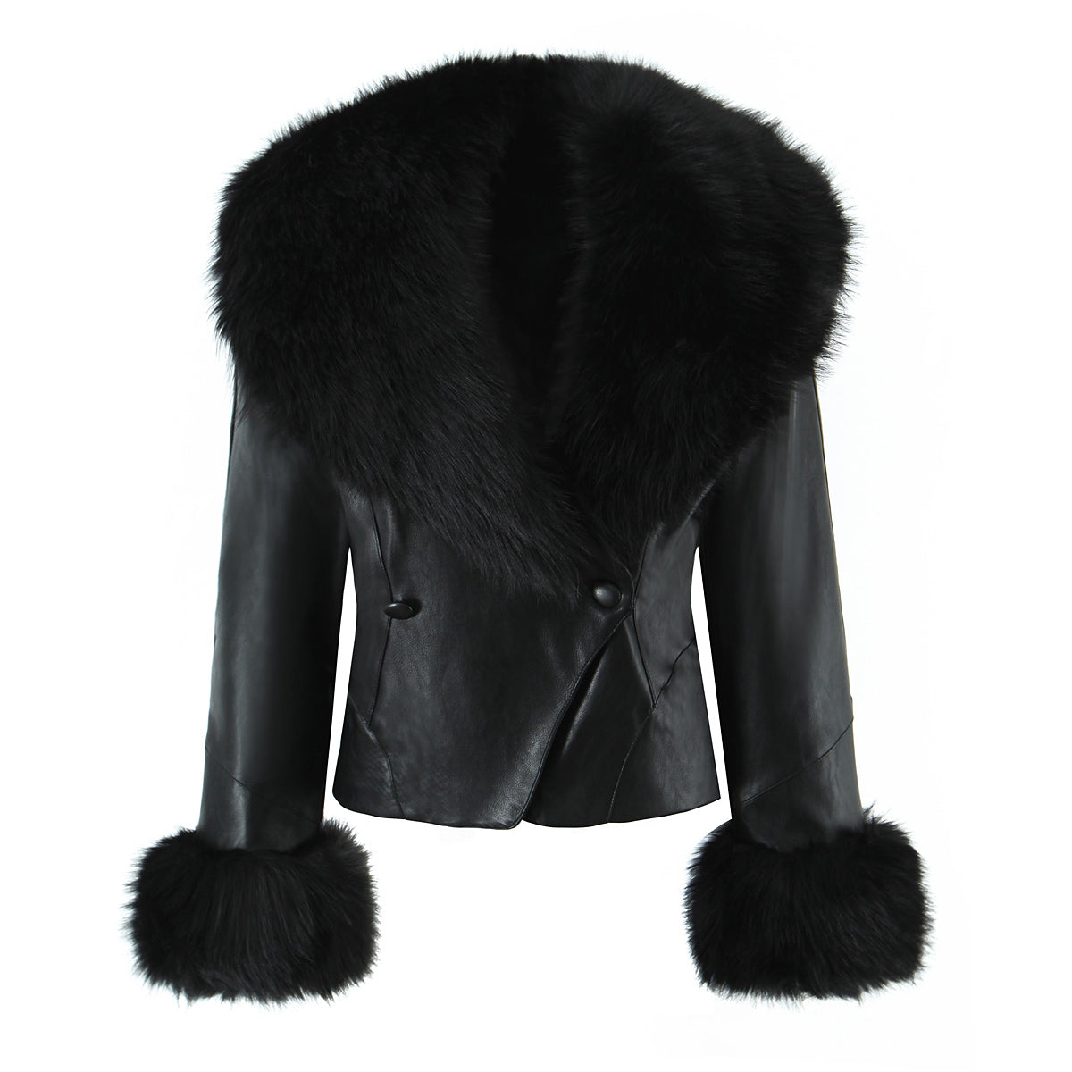 Langry fashion black leather fur-trimmed winter jacket with double-breasted buttons