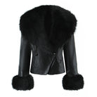 Langry fashion black leather fur-trimmed winter jacket with double-breasted buttons