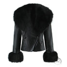 Langry fashion black leather fur-trimmed winter jacket with double-breasted buttons
