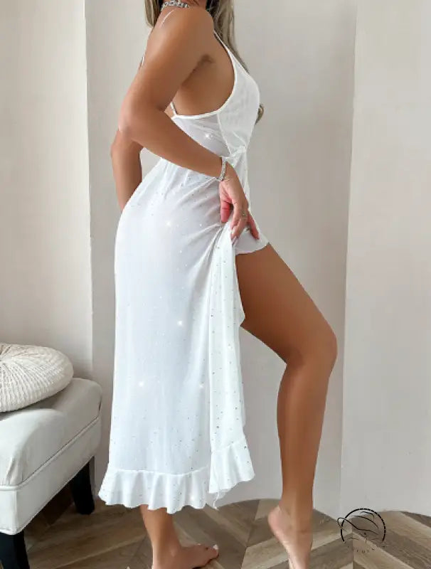 White lace V-neck sleeveless langry fashion dress with ruffled hem