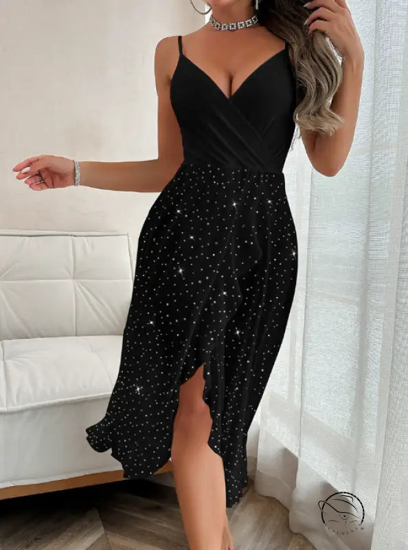 Black and white polka dot langry fashion dress with high slit and spaghetti straps