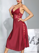 Burgundy lace satin nightgown with plunging neckline and high slit, langry fashion