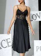 Elegant langry black lace satin nightdress with floral embroidery and high slit