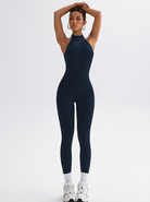 Sleek navy blue Langry tight yoga jumpsuit in form-fitting fashion ملابس