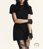 Black lace gloves with floral patterns for enchanting short pleated dress