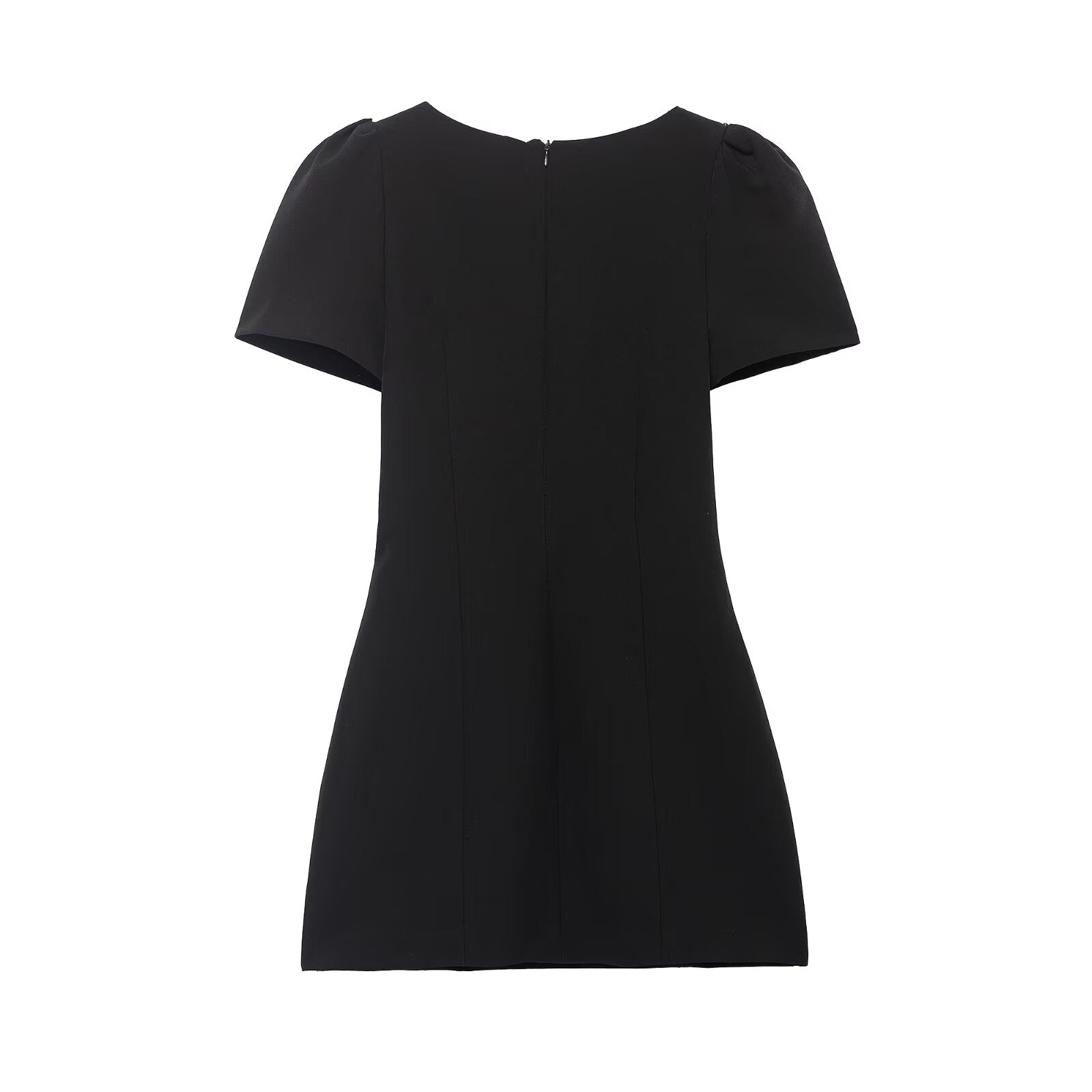Langry enchanting short pleated pocket dress in black with puffed shoulders and back zipper