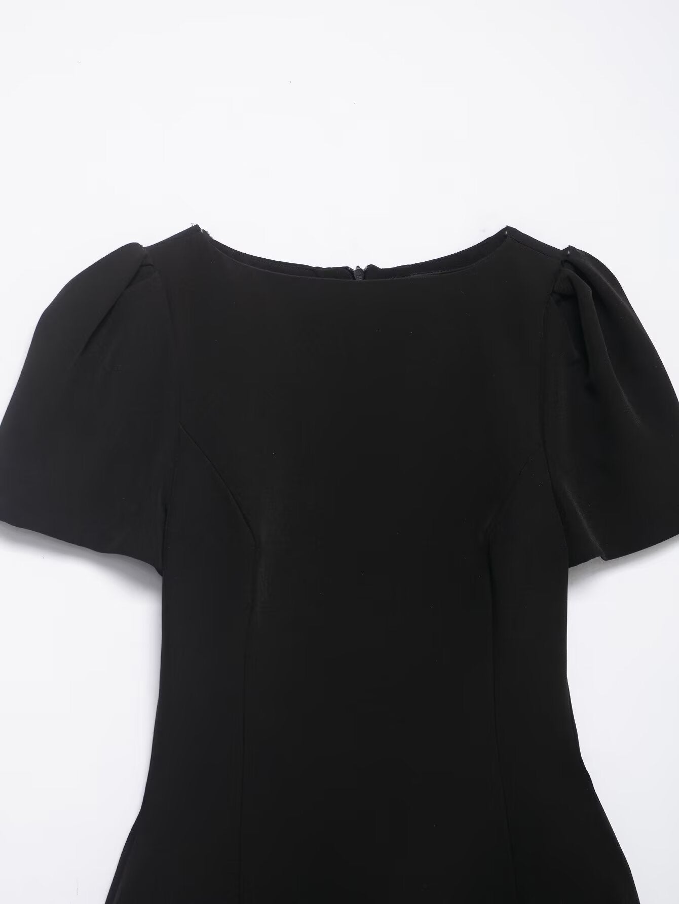 Enchanting short pleated pocket black dress with puffed sleeves, rounded neckline, langry fashion ملابس