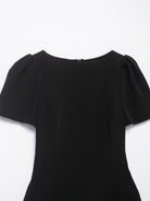 Enchanting short pleated pocket black dress with puffed sleeves, rounded neckline, langry fashion ملابس