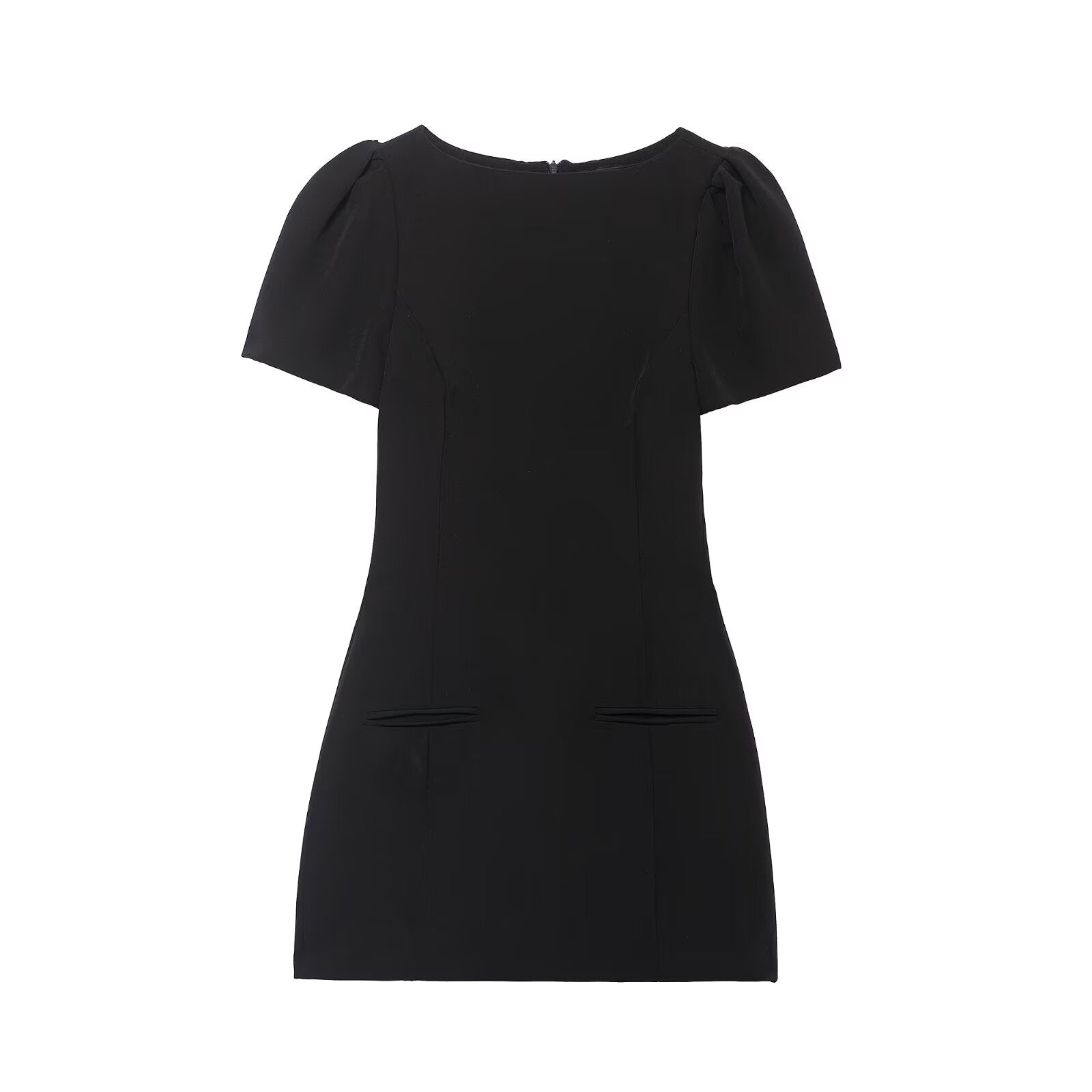 Enchanting Langry short pleated black dress with puffed shoulders and pockets