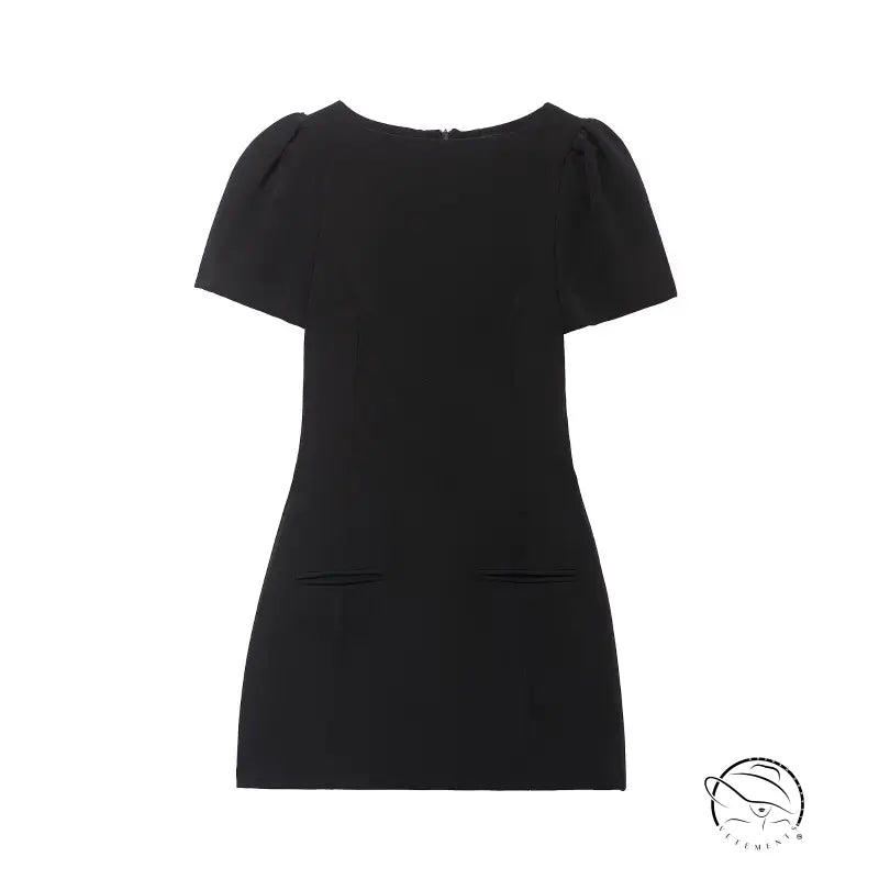 Enchanting short pleated pocket dress in black with puffed shoulders