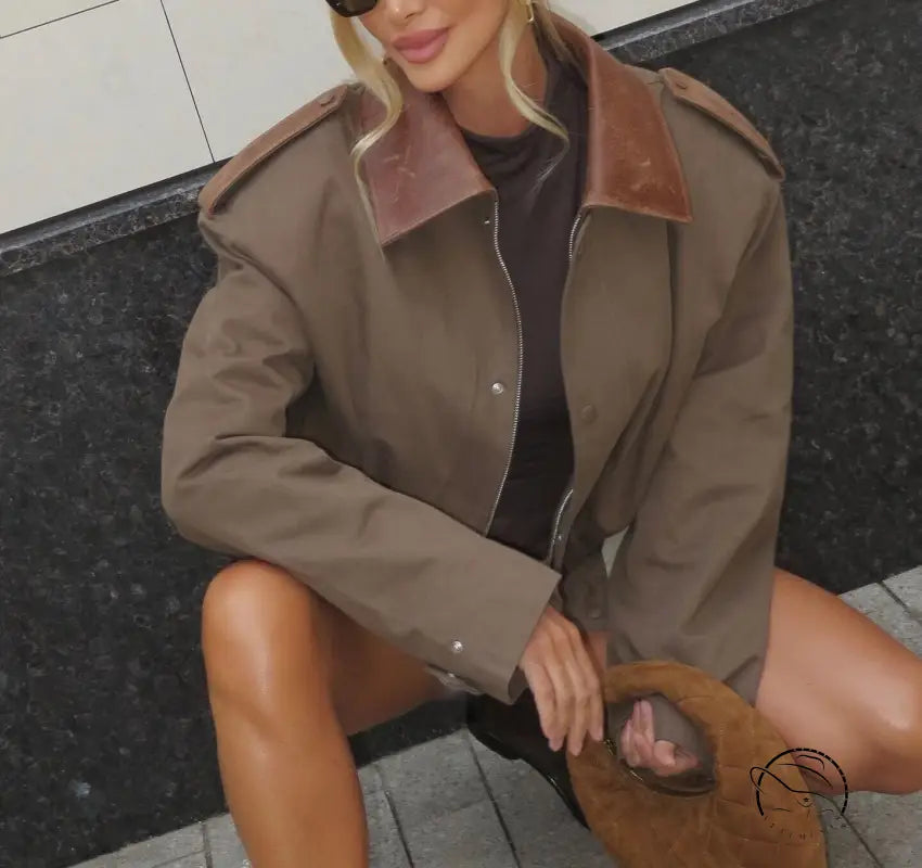 Warm & cozy suede jacket in brown with tan leather collar and shoulder patches, langry fashion ملابس