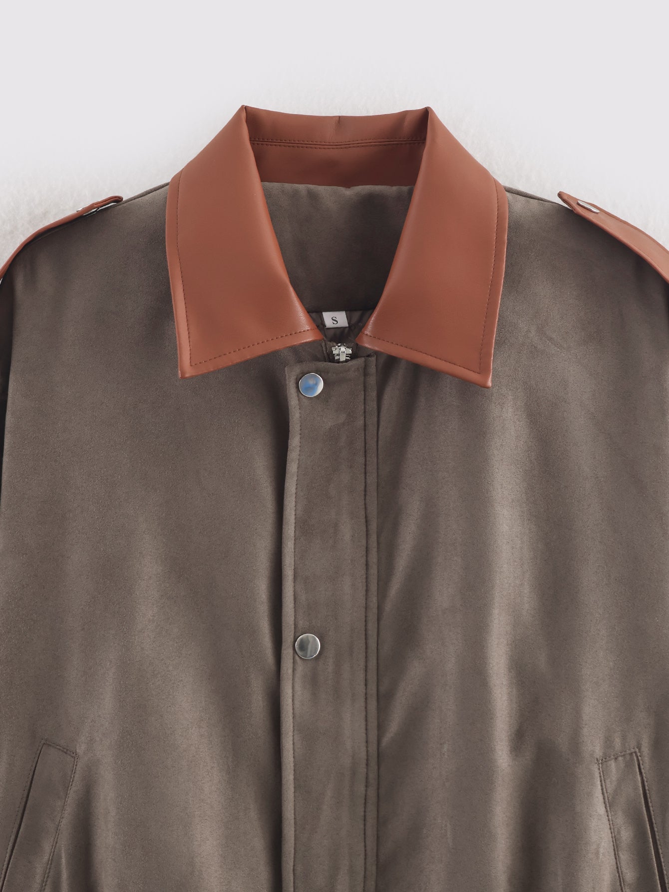 Warm & Cozy suede jacket in brown with tan leather collar and epaulets, langry fashion ملابس