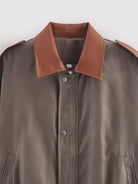 Warm & Cozy suede jacket in brown with tan leather collar and epaulets, langry fashion ملابس