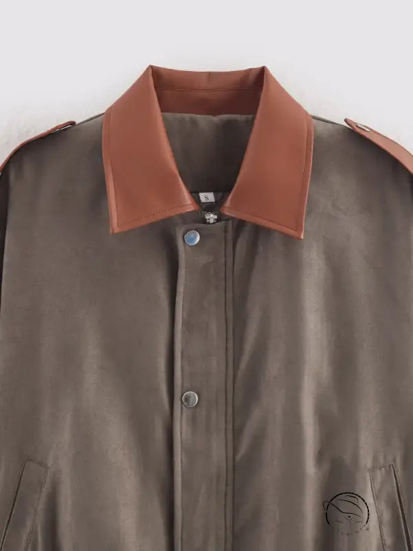 Warm & Cozy suede jacket in brown with tan leather collar and epaulets, langry fashion