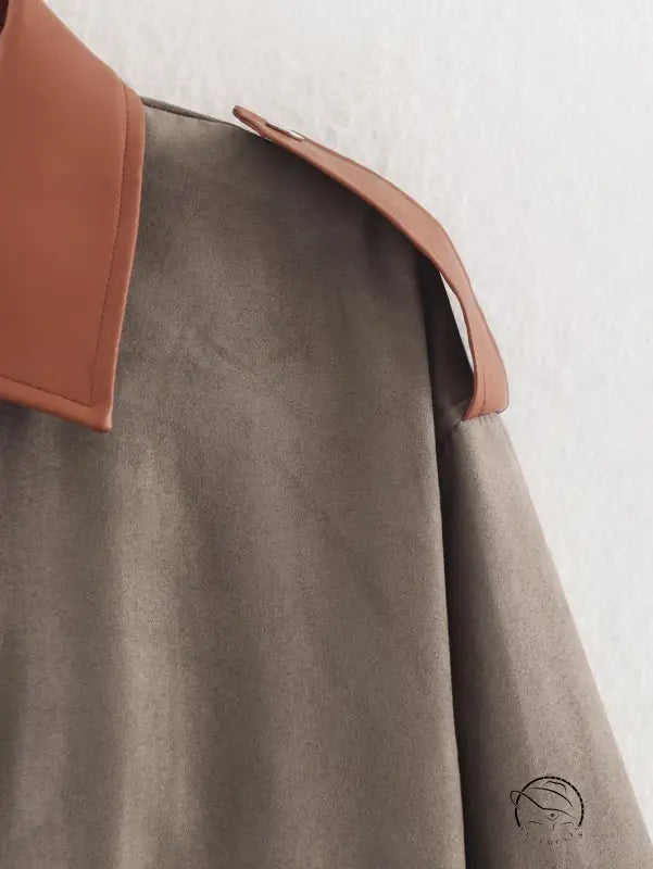Taupe suede Warm & Cozy Jacket with tan leather collar, langry fashion ملابس