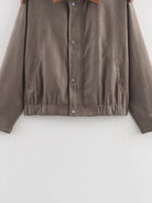 Warm & Cozy Suede Jacket in taupe with subtle sheen and elasticated cuffs, langry fashion ملابس
