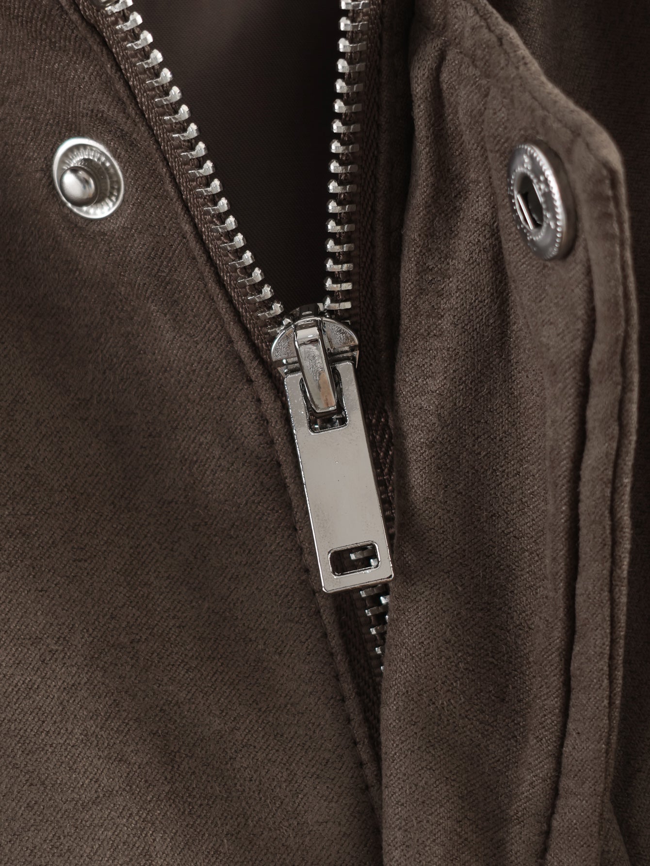 Silver zipper pull on Warm & Cozy Suede Jacket, langry fashion ملابس
