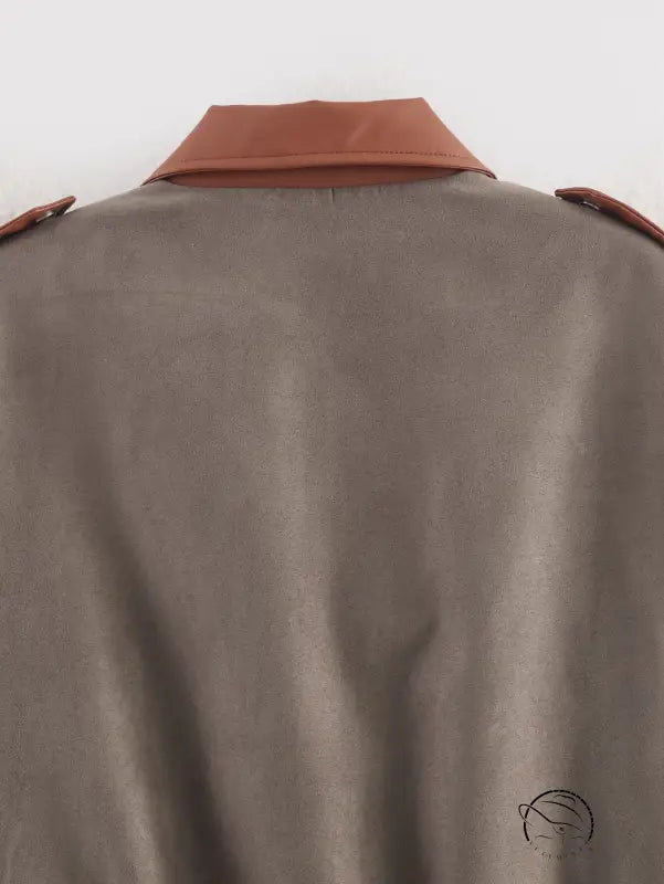 Taupe trench coat with brown leather collar and epaulets, langry fashion ملابس