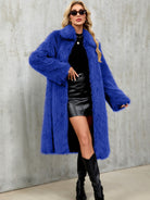 Vibrant royal blue faux fur long warm plush coat with high collar