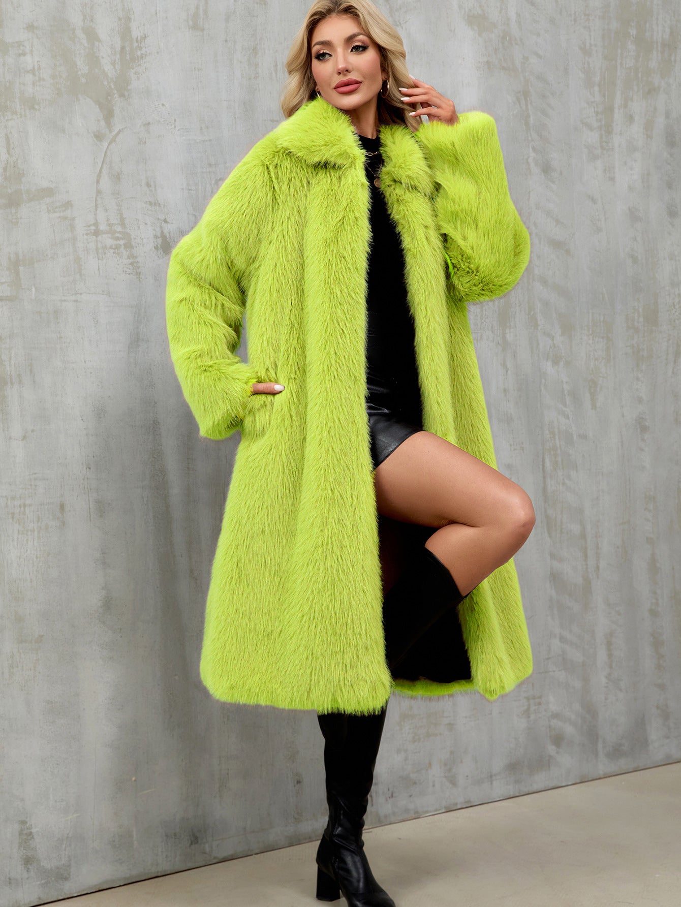 Vibrant neon green faux fur long plush coat with wide collar