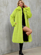 Vibrant neon green faux fur long plush coat with wide collar