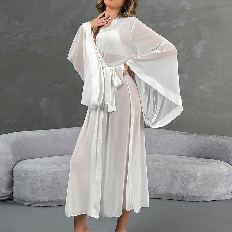 Elegant langry fashion white satin robe with bell sleeves and tie belt