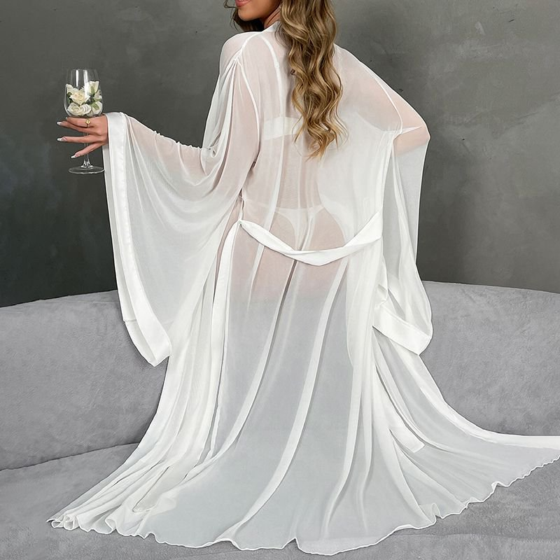 Elegant langry fashion white sheer robe with bell sleeves and belt