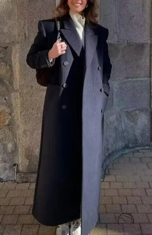 Elegant langry fashion woolen overcoat with polo collar and stripes