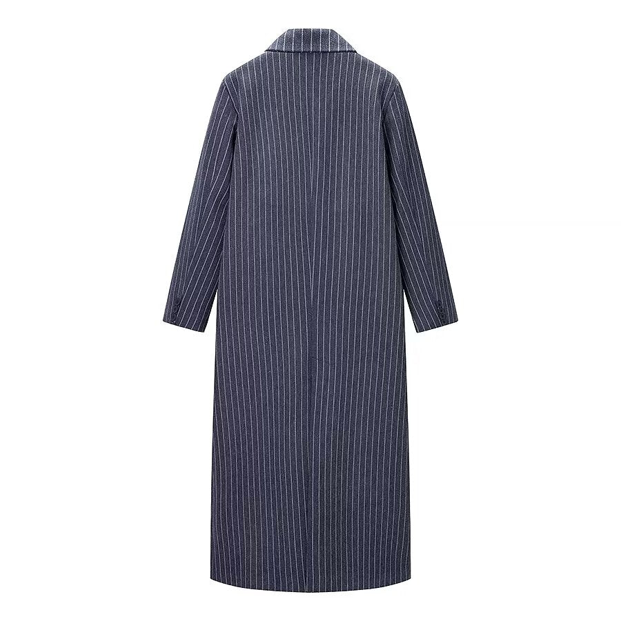 Elegant navy blue pinstripe woolen long overcoat with polo collar, langry fashion ملابس