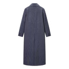 Elegant navy blue pinstripe woolen long overcoat with polo collar, langry fashion ملابس