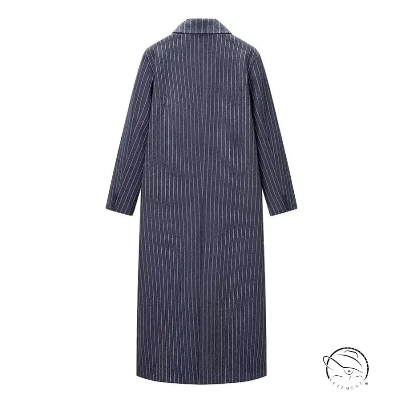 Elegant navy blue pinstripe woolen long overcoat with polo collar for fashion langry ملابس
