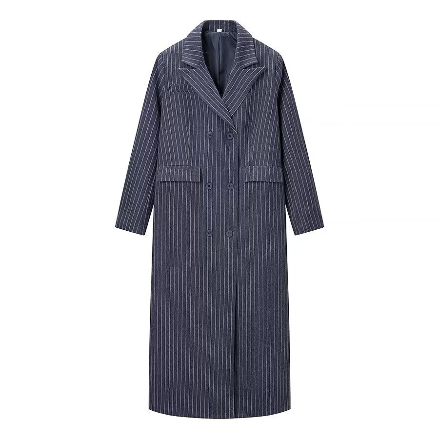 Elegant navy blue pinstripe woolen overcoat with notched collar