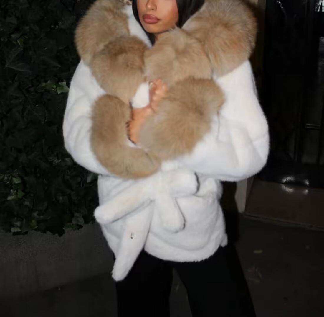 Langry white faux fur coat with tan fox fur collar and cuffs