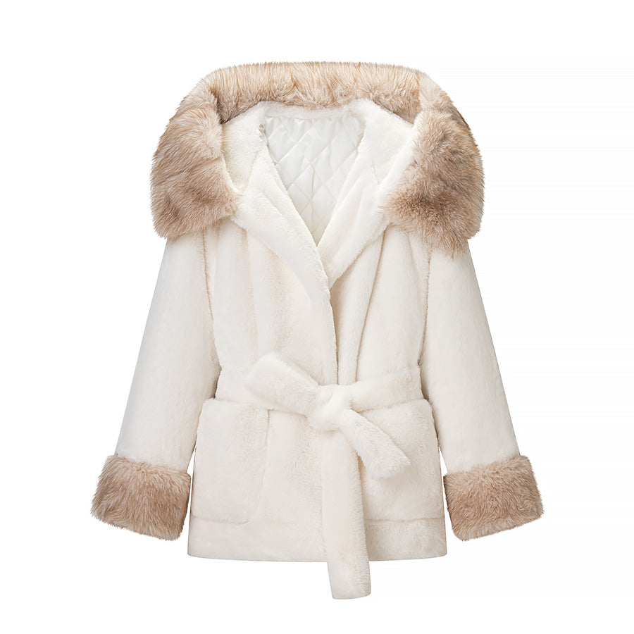 Cream-colored faux fur coat with belt and tan trim, Langry fashion
