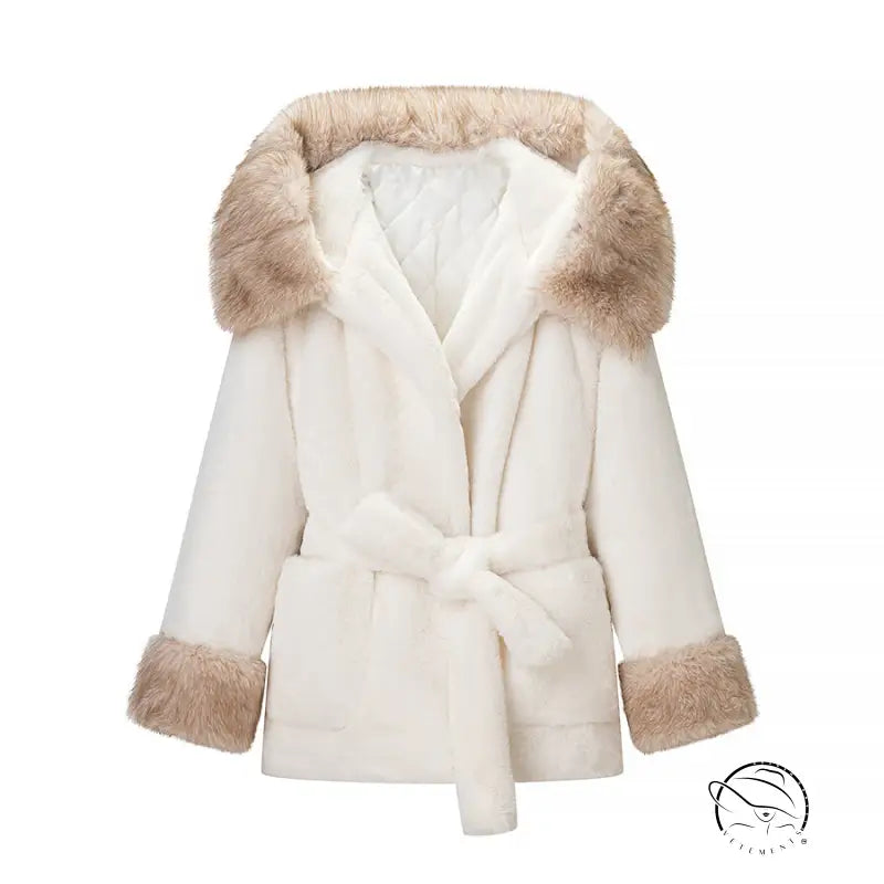 Cream-colored faux fur coat with tan trim and belt